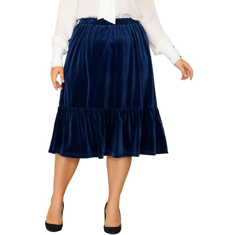 Agnes Orinda Women's Plus Size Velvet Elastic Waist Ruffle Hem Party Midi A Line Skirts, 1 of 6