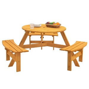 Round Wooden Picnic Table, 6 Person Circular Outdoor Camping Dining Table and Chairs, Wood Picnic Table Bench Set with 3 Built-in Benches - 1 of 4