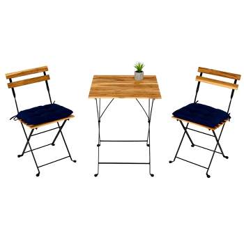3pc Solid Teak Wood Folding Table & Chair Bistro Set - Brown - WELLFOR