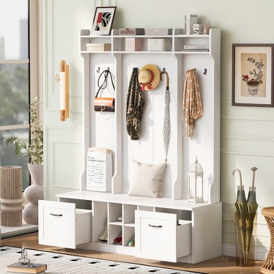 TIRAMISUBEST 5-in-1 Entryway Bench with Coat Rack, 7 Sturdy Hooks, 2 Spacious Drawers and Adjustable Shelves, 58.8'' Wide Hall Tree with Metal Handles