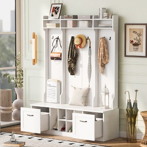 TIRAMISUBEST 5-in-1 Entryway Bench with Coat Rack, 7 Sturdy Hooks, 2 Spacious Drawers and Adjustable Shelves, 58.8'' Wide Hall Tree with Metal Handles - 1 of 4