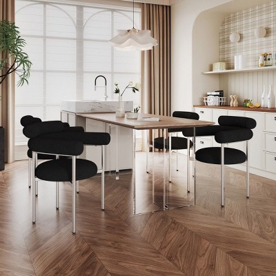 Modern Fabric Upholstered Dining Arm Chairs Set of 2,Curved Back Armrest Dining Chair with Metal Legs,U-Shaped Kitchen Dining Armchair-Coolbibila
