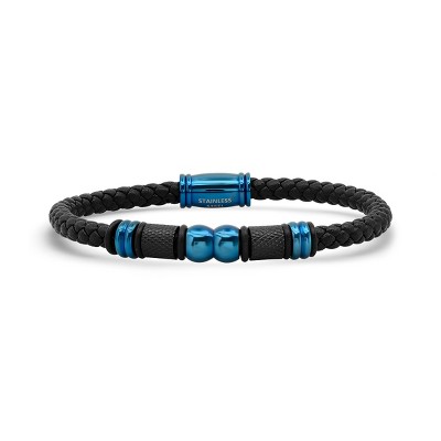 Steeltime Men's black braided leather and black & blue ip stainless steel bead bracelet