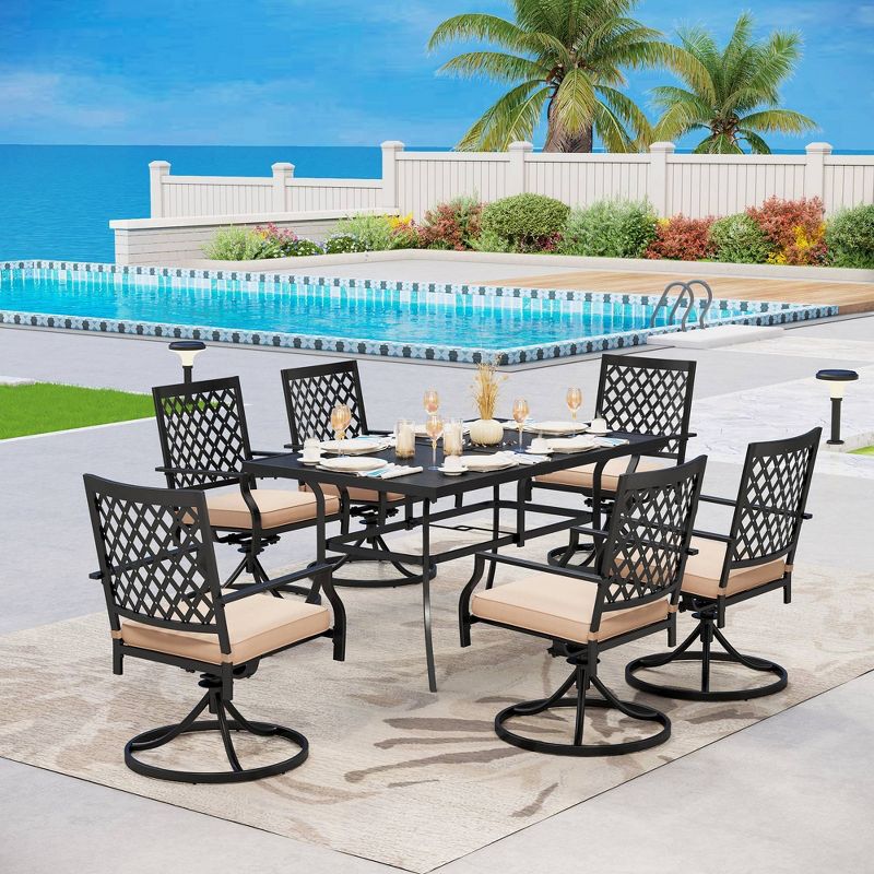 7pc Patio Dining Set - Rectangle Table with Umbrella Hole, 360 Swivel Cushioned Arm Chairs, Weather-Resistant Steel Frame - Captiva Designs, 1 of 12