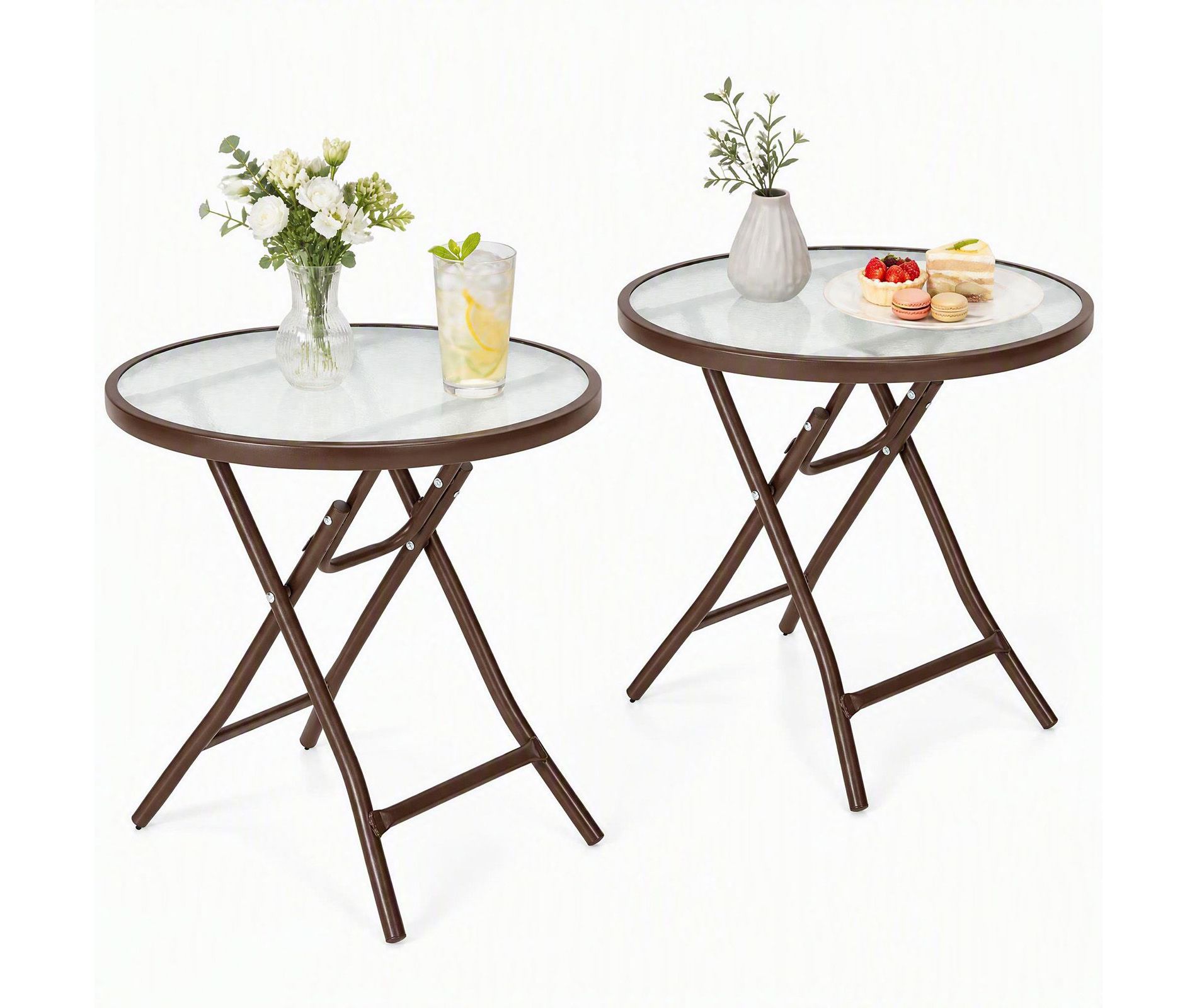 Gymax 2 PCS 18" Round Outdoor Bistro Table Folding Side Table with Tempered Glass Tabletop Rustproof Frame Brown