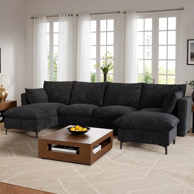 XIZZI 4-Piece Chenille Sofa Set with Large Chaise & Ottoman - Modern Sectional Sofa in White/Beige/Gray/Black, with Round/Square/Sloped Armrest