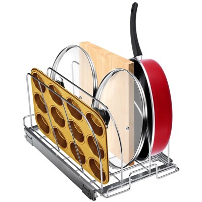 LunaLulinlk Rack for Pots and Pans, Extendable Slide Out Under Cabinet Storage, Flexible Wire Partitions, Metal Cover Stand, 8.5"W
