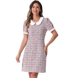 Allegra K Women's Tweed Peter Pan Collar Puff Short Sleeve A-line Mini Dress - 1 of 4