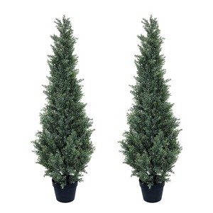 Artificial Cedar Topiary Trees Set of 2, Potted Faux Cypress Plant, UV Resistant Fake Evergreen Shrubs, Realistic Topiary Tree for Front Door - 1 of 4