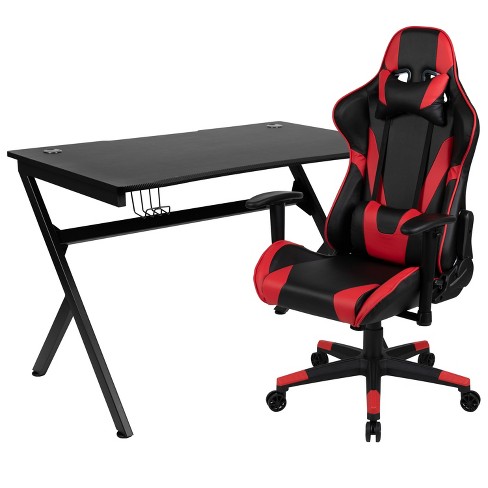 Black Gaming Desk and Camouflage/Black Racing Chair Set with Cup