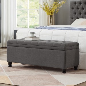 Airsurfer Upholstered tufted button storage bench ,Linen fabric entry bench with spindle wooden legs, Bed bench - 1 of 4