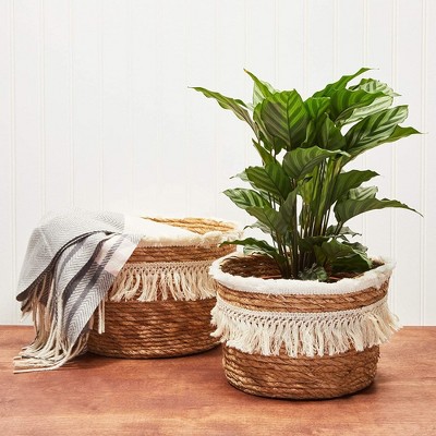 Boho Natural Woven Round Storage Baskets with Fringe, Set of 2
