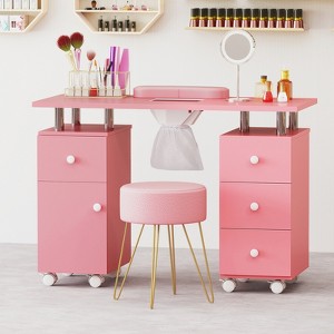 Costway Rolling Manicure Table Nail Desk with with 8 Lockable Wheels & Electric Dust Collector 3 Dust Bags Wrist Rest White/Pink/Black - 1 of 4
