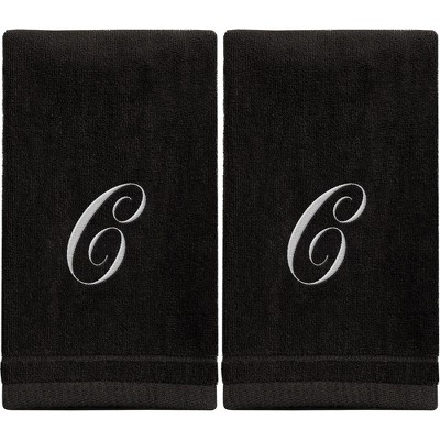 Creative Scents Black Fingertip Monogrammed Towels White Embroidered