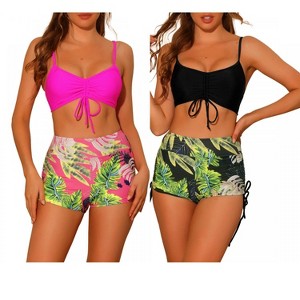 INSPIRE CHIC Women's Drawstring Push-Up Top Tropical Print High Waist Shorts Swimwear Bathing Suits 2 Sets - 1 of 4