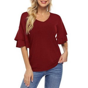 Coolmee Women's Blouses Ruffle Sleeve T Shirts V Neck Double Tiered Bell Sleeve Top - 1 of 4