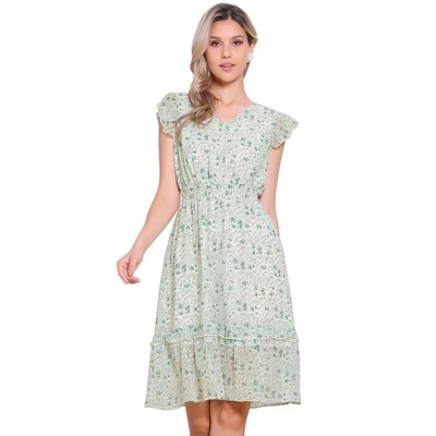 Allegra K Women's Floral Flutter Sleeves V Neck Smocked Ruffle Sundresses