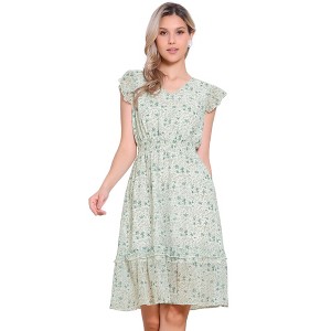 Allegra K Women's Floral Flutter Sleeves V Neck Smocked Ruffle Sundresses - 1 of 4
