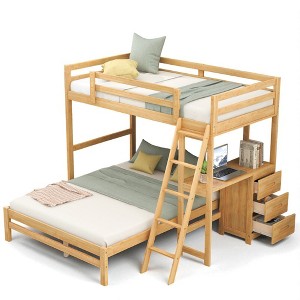 Twin Over Full Bunk Bed with Desk and 3 Drawers, Convertible Wood Frame with Storage, Ladder, Natural Finish - 1 of 4