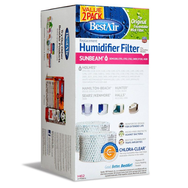 BestAir H62 Value 2pk Extended Life Humidifier Replacement Paper Wick Filter Holmes Humidifiers, 5 of 6