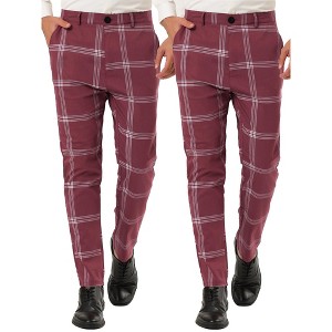 Lars Amadeus Men's Slim Fit Flat Front Plaid Printed Business Trousers 2 Packs - 1 of 4