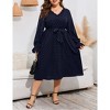 Women's Plus Size Midi Dress V-Neck Lace Pocket Lantern Sleeve Waist Tie Dress Fall - 2 of 4