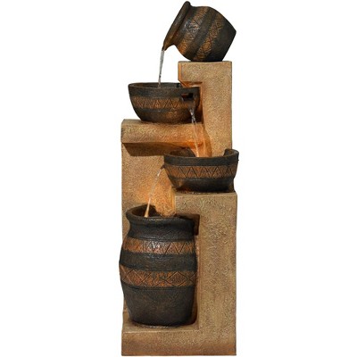 Rustic Stoneware Bowl and Jar Cascading Floor Fountain with LED Light