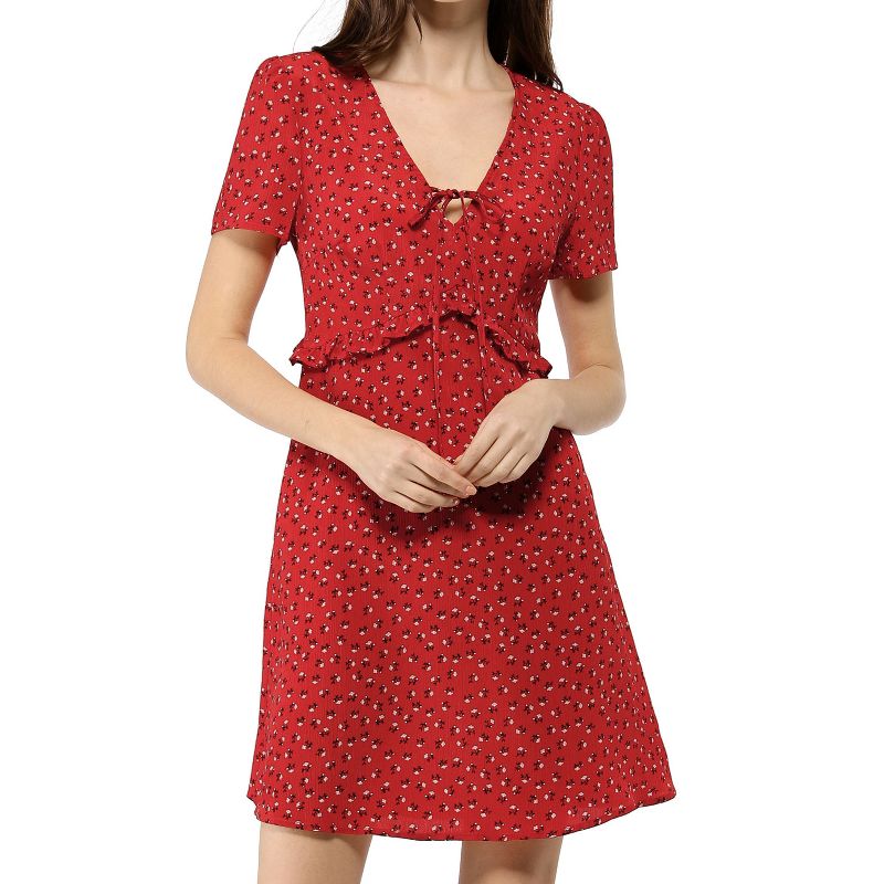 Allegra K Women's Regular Fit Floral Ruffle Trim Tie V Neck Shorts Sleeves Mini Dress, 3 of 8