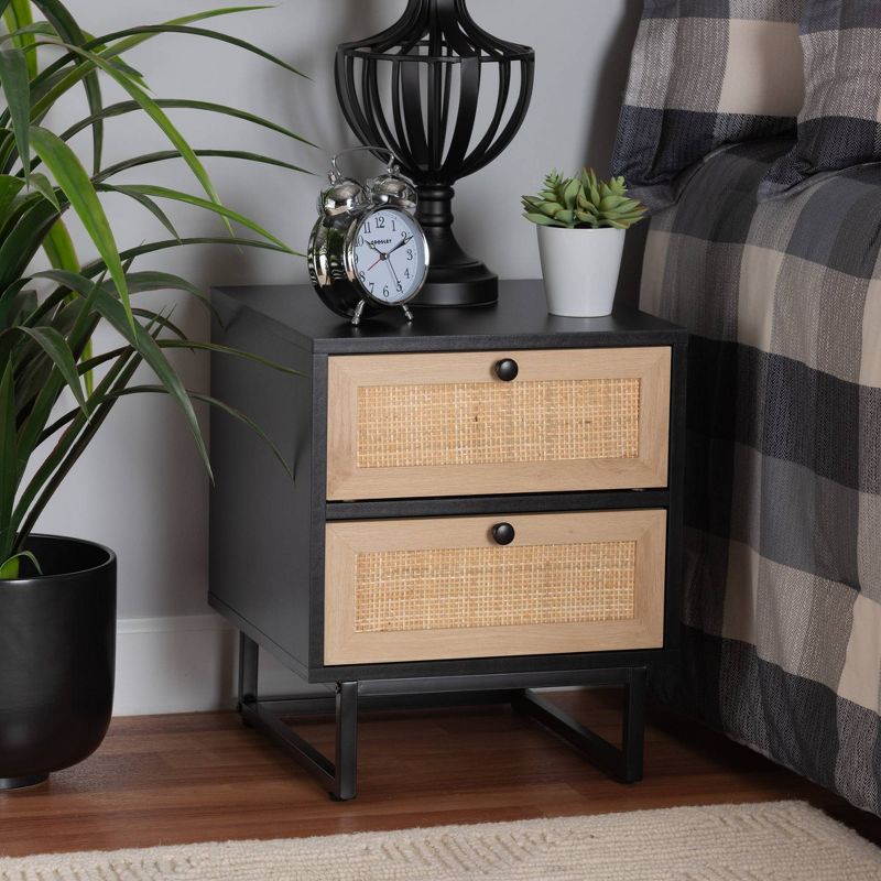 Declan Wood and Natural Rattan 2 Drawer End Table Espresso Brown/Black - Baxton Studio, 1 of 12