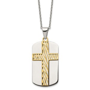 Chisel Stainless Steel Yellow IP-plated 2 Piece Cut Out Stripes Cross Dog Tag on a 24" Cable Chain Necklace - 1 of 3