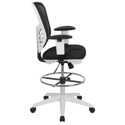 ErgoFlex Black Mesh Drafting Chair with Adjustable Arms and White Frame