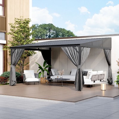 FUFU&GAGA Modern Wall Outdoor Patio Gazebo with Galvanized Steel Hardtop Aluminum Frame, Removable Curtains & Deep Gray Mosquito Netting