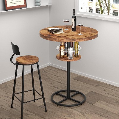 VECELO 3-Piece Bar Table Set Round Counter Height Table and Chair with Wine Rack Brown/Black
