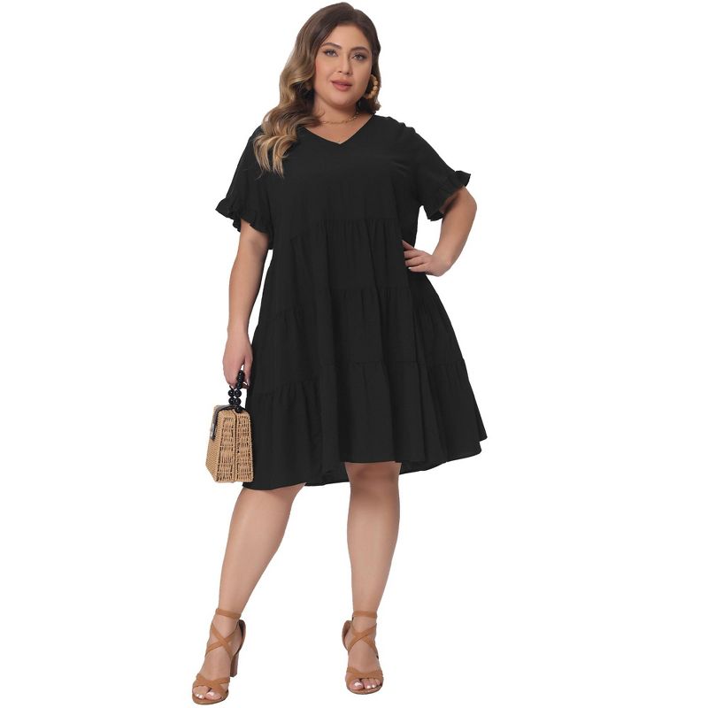 Agnes Orinda Women's Plus Size V Neck Ruffle Sleeve with Pockets Swing Tiered A Line Dresses, 3 of 5