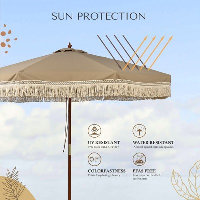 Mocha Brown 9' Patio Umbrella with Cotton Fringe and Wooden Frame