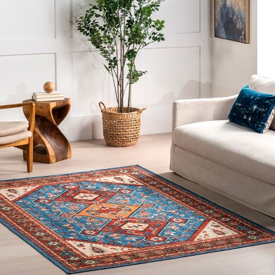 Idell Blue and Rust Synthetic Medallion 4' x 6' Washable Area Rug