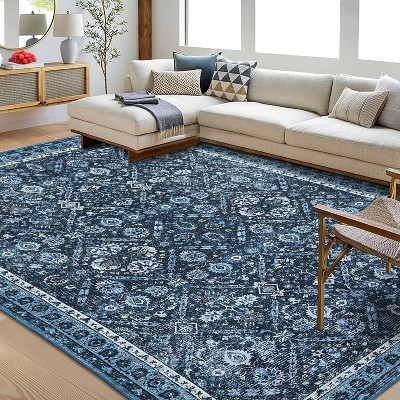 Washable Area Rug, Vintage Faux Wool Floor Cover with Non-Slip Backing, Non-Shedding Thin Foldable Carpet for Living Room Bedroom Kitchen