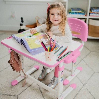 Pink Adjustable Height Kids Desk and Chair Set with Storage Drawer
