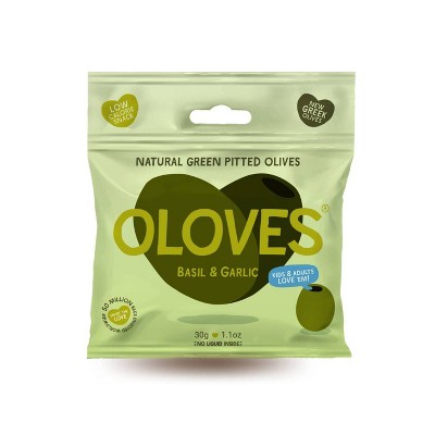 OLOVES Gluten Free and Vegan Basil & Garlic Pitted Green Olives - 1.1oz