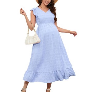 Clearlove Women Maxi Dresses Cap Short Sleeve V Neck  Dot High Waisted A-Line Ruffle Tiered Dress - 1 of 4