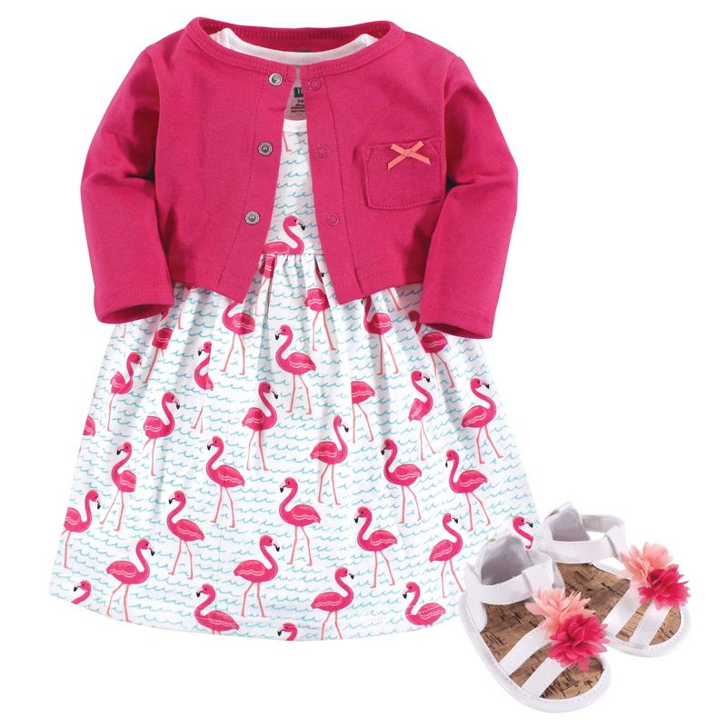Hudson Baby Infant Girl Cotton Dress, Cardigan and Shoe 3pc Set, Bright Flamingo, 1 of 7