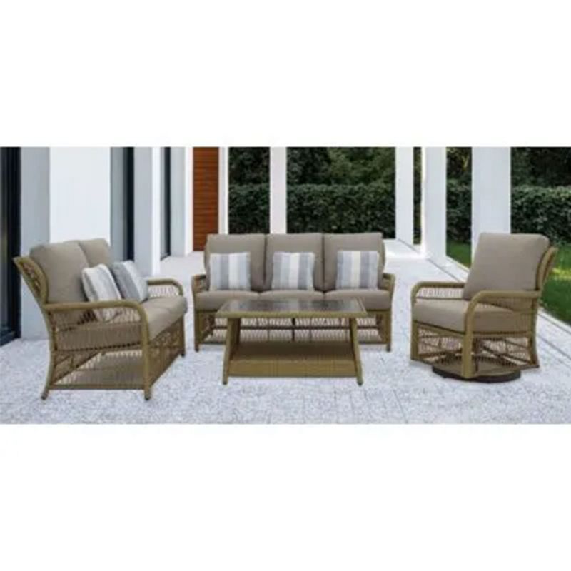 Four Seasons Courtyard Positano Wicker Loveseat Outdoor Bench Seating Furniture with Acrylic Plush Comfortable Lounge Cushions and 2 Accent Pillows, 4 of 7