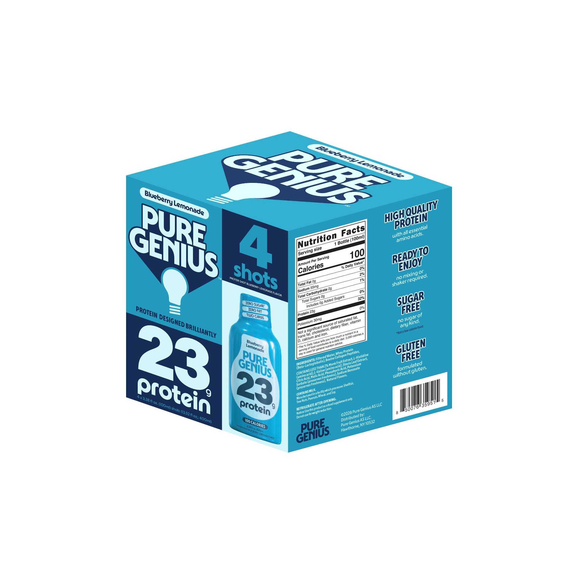 Pure Genius Liquid Protein Shot - Blueberry Lemonade - 3.38 floz/4pk