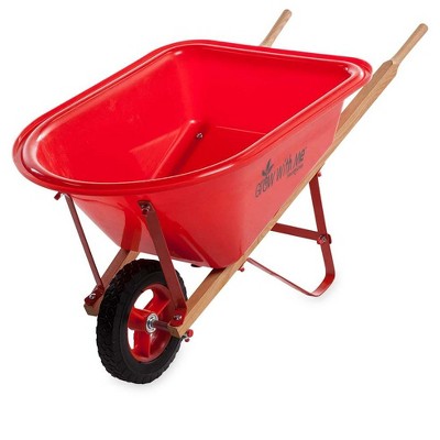 HearthSong - Kid's Red Garden Wheelbarrow with Wood Handles, Steel Braces and Solid Tire