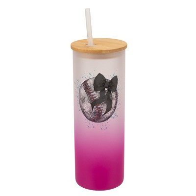 Elanze Designs 25 Ounce Frosted Glass Gradient Travel Tumbler With Straw and Wooden Lid, Baseball Teal Paint Splatter Pink