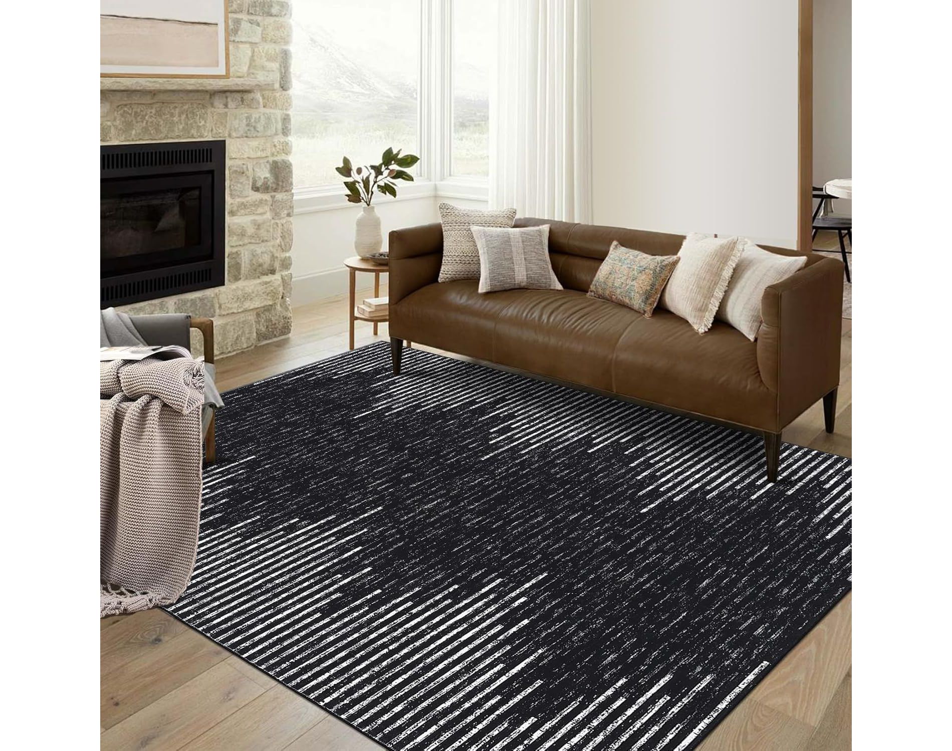 Acekool 8x10 Washable Area Rug, Black and White Striped Non Slip Low Pile Carpet, Modern Distressed Diamond Pattern for Living Room Bedroom Nursery