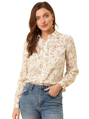 Allegra K Women's Point Collar Long Button Sleeve Button Down Floral Shirt
