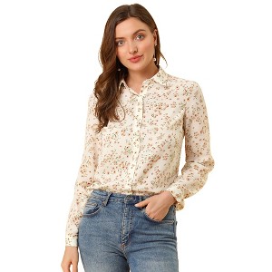 Allegra K Women's Point Collar Long Button Sleeve Button Down Floral Shirt - 1 of 4