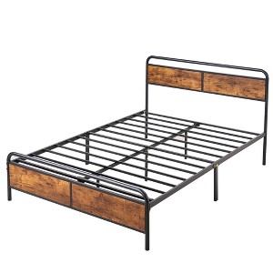 VECELO Full/Queen Size Bed Frame with Wooden Headboard, Metal Bed Platform No Box Spring Needed with Heavy Duty Steel Slat, Brown - 1 of 4