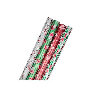 JAM Paper Assorted Gift Wrap Christmas Foil Wrapping Paper 100 Sq Ft Total Red Ho Ho Ho Santa Set 4